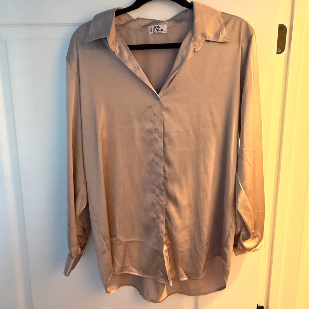 Jon & Anna Satin Button-Front Blouse in Taupe Beige